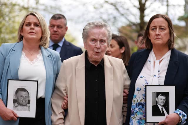 Sean Brown’s widow Bridie Brown (centre), daughter Clare Loughran (left) and daughter Siobhan Brown (right) outside Belfast’s Court of Appeal last year (PA)