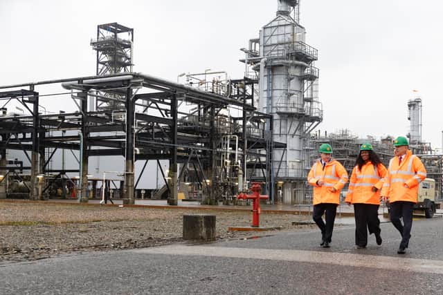 From left, Scottish Secretary Douglas Alexander, Energy Secretary Miatta Fahnbulleh and Chancellor John Healey during a visit to Shell UK’s St Fergus Gas Terminal in Peterhead, Aberdeenshire, following the announcement on the future of the Jackdaw gas field (PA)