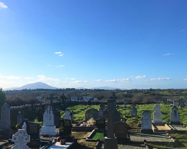 Attymass - Old Killeen Graveyard with Ballymore lake and Nephin in the background