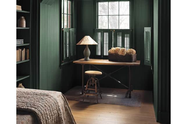 A room painted in Benjamin Moore Aura Interior Matte, Webster Green, £36.50, 0.94L, Benjamin Moore (Benjamin Moore Paint/PA)