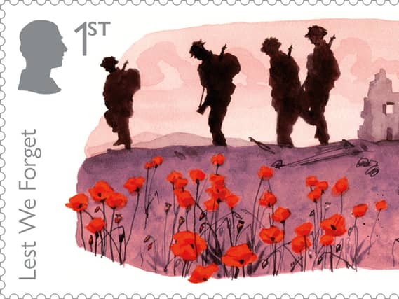A stamp design featuring Second World War soldiers
