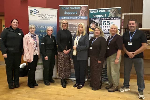 Pictured at the ‘Staying Safe, Staying Independent’ day of free road safety and scam advice for the over 65s in Sion Mills are: Sergeant Maggie Harkin of the Strabane Neighbourhood Policing Team; Marie O’Brien, volunteer with RVSNID; Constable Lorraine Bull; Vanessa Russell, manager of Derry and Strabane PCSP; Debbie Mullan, Chairperson of RVSNID; along with RVSNID volunteers Keria Mullan-Logan, Joanne Karran and Eamonn Karran.