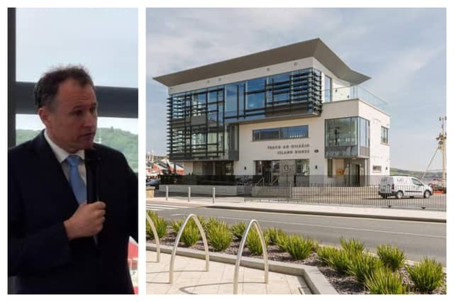 Minister of State Charlie McConalogue and, right, Island House in Killybegs which was regenerated through rural development funding