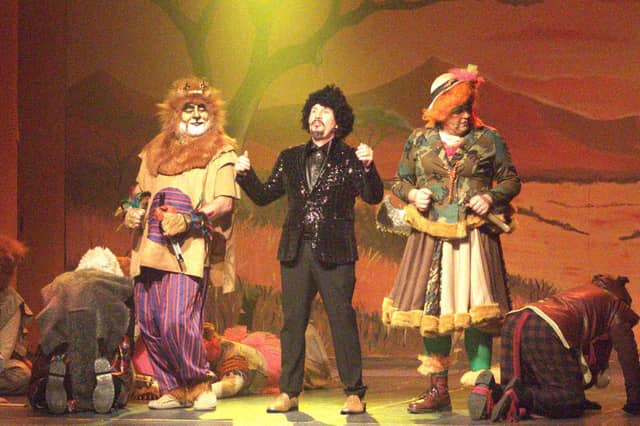 Ray Nolan (centre) performing as Lino Ritchie with Audie Murphy as Mufasa and Caolán Deehy-Power as Mrs Lions in Carrick-on-Suir Musical Society's annual panto - The Lino King