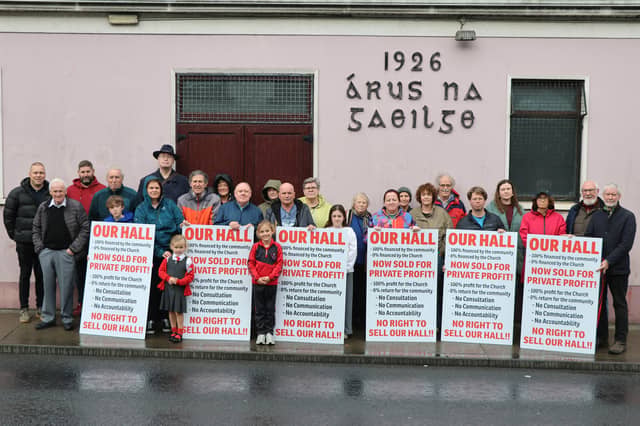 Newcastle West residents protest outside the Áras na Gaeilge building in Newcastle West | PICTURE: Adrian Butler