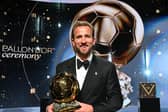 Harry Kane pictured with the Ballon d'Or trophy at the London Palladium