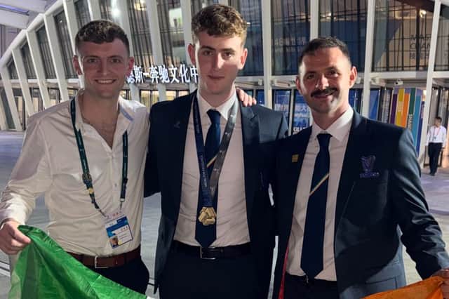 James Hunt, who won a Medal of Excellence in Electrical Installations, pictured with his mentor Gerard Galligan and Sean McLoughlin, WorldSkills Electrical Installations Lyon competitor in 2024