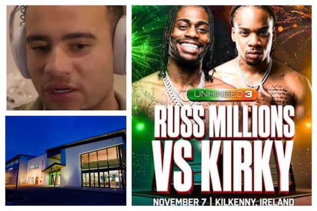 The Hub in Kilkenny (left) will host Unhinged Promotions' influencer boxing event on November 7, headlined by Russ Millions vs Kirky (top right). The promotion was founded by HSTikkyTokky (bottom right), who featured in Louis Theroux's Netflix documentary Inside the Manosphere