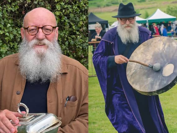 Mark Ashley, and, right, banging a drum