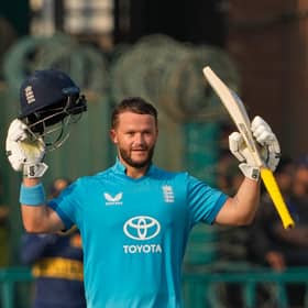 Ben Duckett celebrates his century