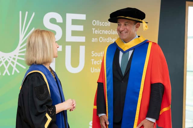 Former Taoiseach Leo Varadkar in conversation with SETU President Veronica Campbell
