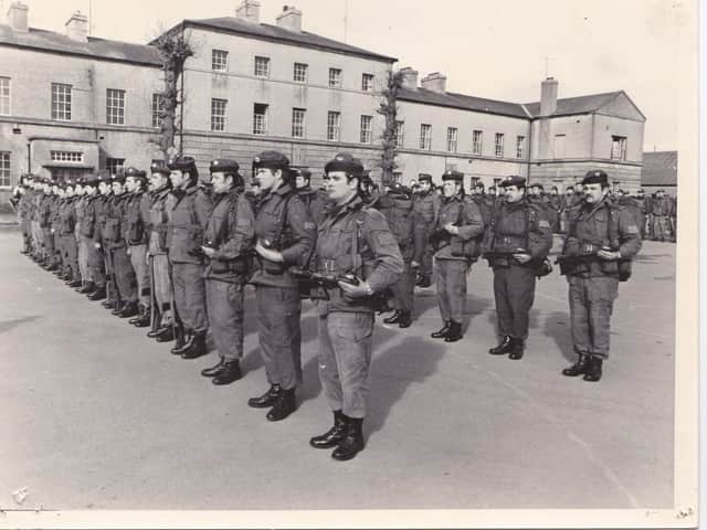 Anthony, third from right second row in a parade outside Connolly Barracks