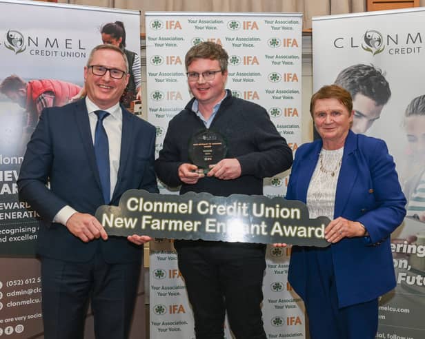 The overall winner of the New Entrant to Farming Award, Michael Tobin from Cashel. Pictured with Michael O’Grady, Head of Lending at Clonmel Credit Union and Alice Doyle, IFA Deputy President
