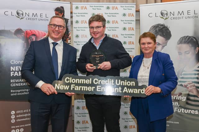 The overall winner of the New Entrant to Farming Award, Michael Tobin from Cashel. Pictured with Michael O’Grady, Head of Lending at Clonmel Credit Union and Alice Doyle, IFA Deputy President