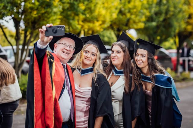 Selfie-time: President of TUS, Prof Vincent Cunnane with Alicia Clyne, Jade Higgins and Andrea Foley, graduates from the Bachelor of Arts (Honours) in Business Studies in Beauty and Spa Management, at Moylish | PICTURE: BRIAN ARTHUR