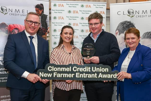 Michael Tobin from Cashel and his wife Norah, with Michael O’Grady, Head of Lending at Clonmel Credit Union (left) and Alice Doyle, IFA Deputy President (right).