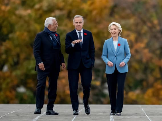 Mark Carney (centre) arrives at the Canada-EU summit with European Council president Antonio Costa (left) and European Commission president Ursula von der Leyen in Montreal