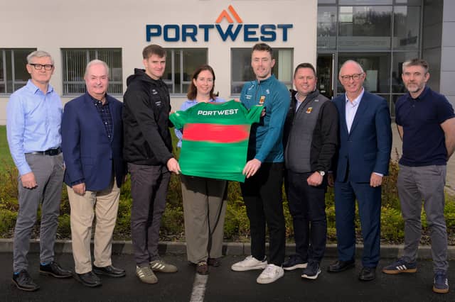 Pictured from left are Raymond Carney, Director of Procurement & Trading, Cathal Hughes, Chairman, Rory Brickenden, Mayo GAA, Orla Good, Commercial Director, Ruairi Conroy, Mayo GAA CEO, Harry Hughes, Director, Ollie Kennedy, Print Specialist