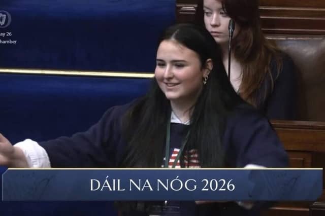 Katie Devaney, from Kilconly near Tuam, speaking at Dáil na nÓg in May 2026. The High Cross College student recently represented Ireland at the European Youth Parliament in Verona.