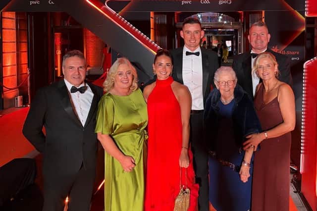 Hurler of the Year Gearóid Hegarty pictured with his wife Niamh McCarthy, his parents Ger and Majella, Niamh’s parents Moss McCarthy and Siobhán Reidy McCarthy, and his grandmother Mary Darcy