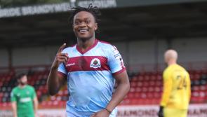 Mark Mbuli hits Institute winner against H&W Welders at the Brandywell