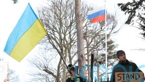 Crowds protest outside Russian Embassy to mark one month since Ukraine invasion
