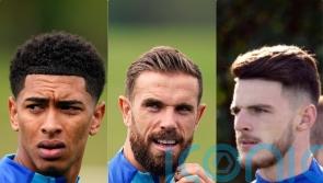 England trio Jude Bellingham, Jordan Henderson and Declan Rice train indoors