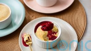 Joe Swash’s white chocolate soufflés with raspberry sauce