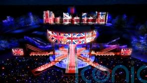 Coronation Concert stage in shape of Union Flag which fans out into crowd