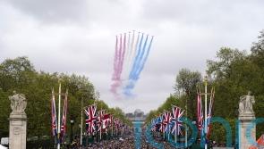 King and Queen watch scaled-down flypast from palace balcony