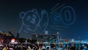 Crowds gather to watch spectacular drone show marking arrival of giant pandas