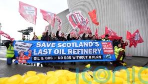 Grangemouth protesters lay 400 hard hats outside Scottish Labour conference