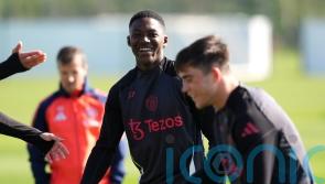 Kobbie Mainoo trains with his Manchester United team-mates ahead of Lyon trip