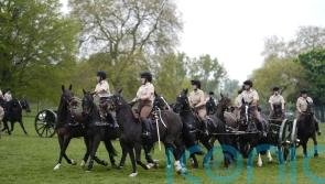 Riders from King&rsquo;s Troop Royal Horse Artillery rehearse complex VE Day routine