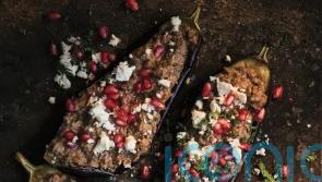 Yasmin Khan’s stuffed aubergine with walnuts, pomegranate and feta