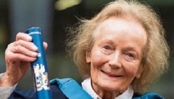90-year-old Derry woman Maryette McFarland who graduated from the Open University with a degree in English Literature at a  ceremony in Belfast on Tuesday. PHOTO: Paul Moane/The Open University/PA.
