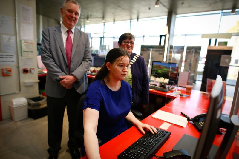 Rachel Hoban, Senior Library Assistant, demonstrating the new system to Councillor Marie Murphy, Cathaoirleach of Tipperary County Council and Damien Dullaghan, Tipperary County Librarian