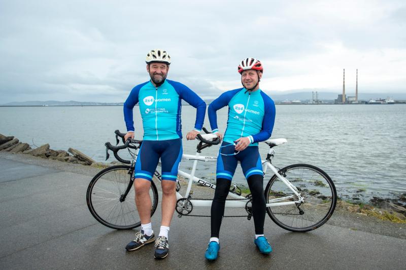 Gary McClarty (left), MD of its4women, with Paralympian, Peter Ryan (right), at a tandem cycling training session in Clontarf, Dublin. The duo are taking part in the Driving the Cure fundraiser for Fi