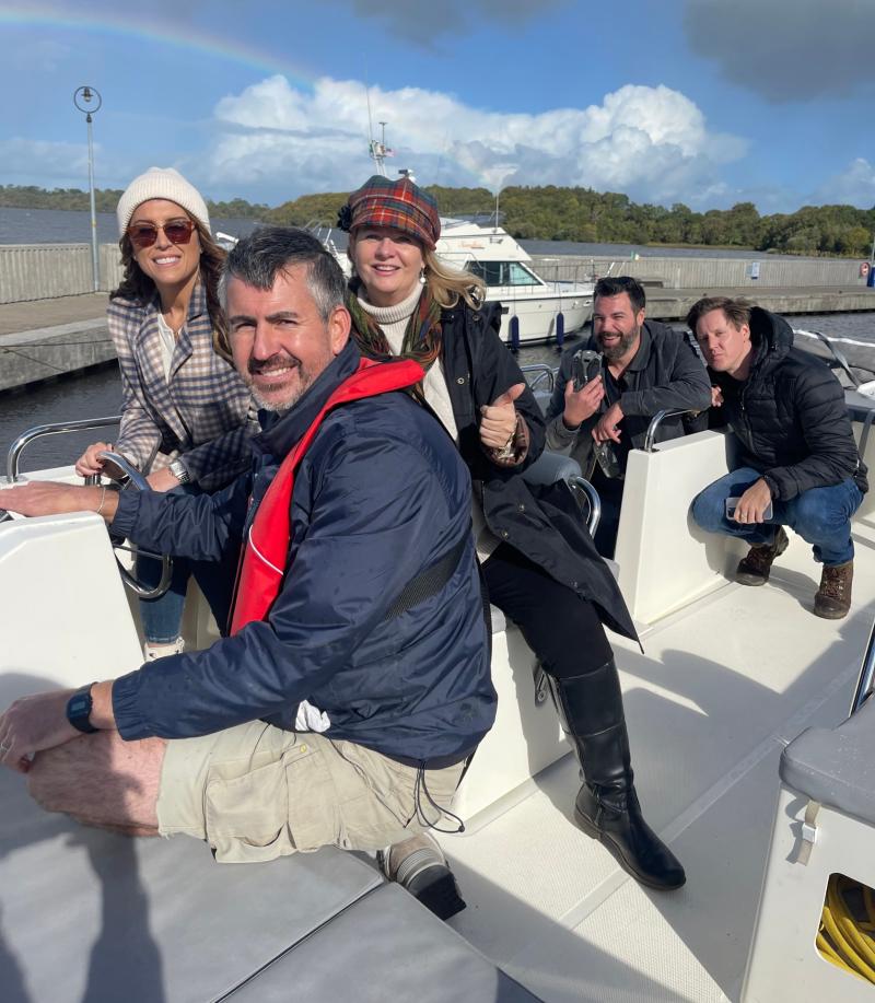Le Boat captain Brian Kirwin (front); with NBC presenter Lauren Scala (left); and Ruth Moran, Tourism Ireland, during filming for NBC in Terryglass; also pictured are producer Philip Tripoli (second r