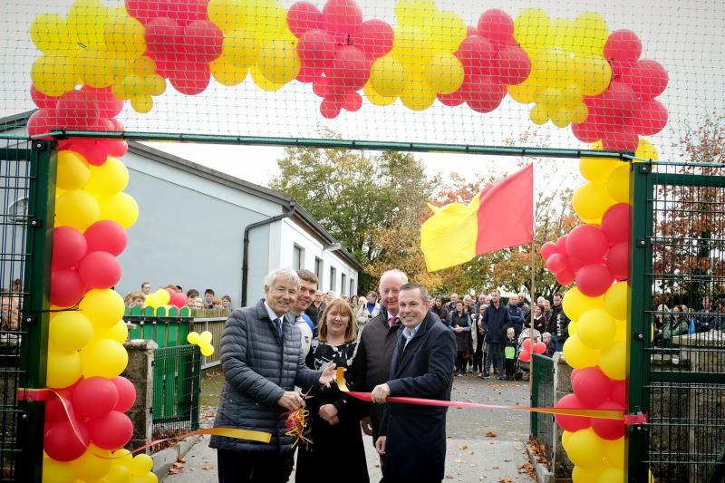 Deputy Michael Lowry performs the official opening of the Moycarkey National School astro turf facilities in the presence of Tipperary hurling captain, Ronan Maher, Principal, Anne Marie Carroll, Liam