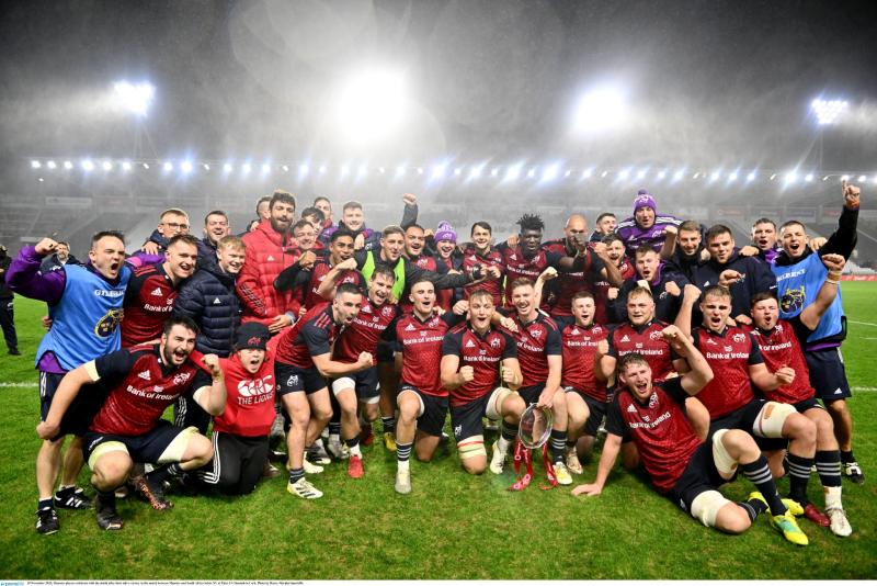 Munster players celebrate with the shield after their side's victory in the match between Munster and South Africa Select XV at Páirc Ui Chaoimh in Cork. Picture: Sportsfile