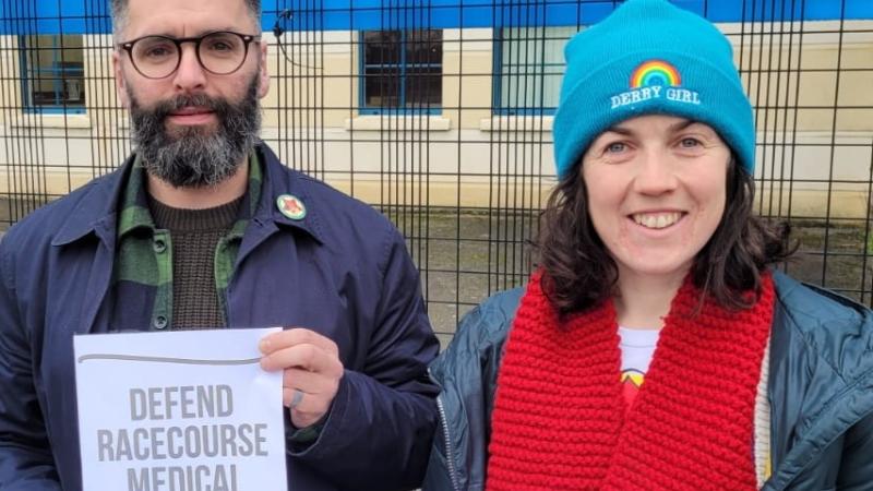 Damian Doherty and Cllr Maeve O'Neill from People before Profit supporting Day of Action for Racecourse medical Practice.
