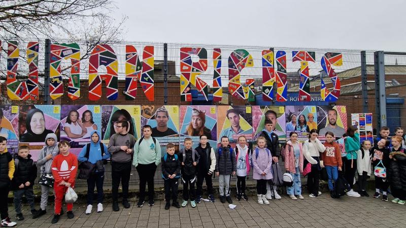 Pilots Row Youth Club with the artwork they created along with Lincoln Court, Currynierin and Bishop Street Youth Clubs for the 7th Annual Human Rights Festival.