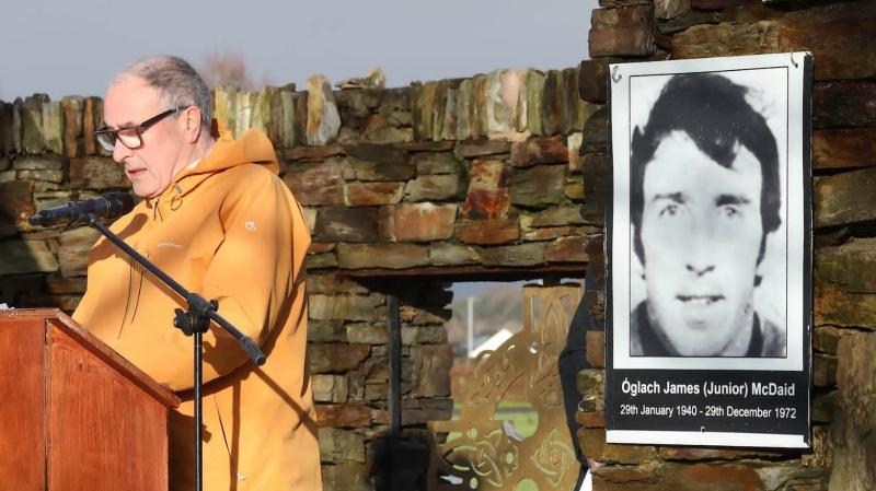 Sinn Féin's Mitchel McLaughlin delivering the oration at the commemoration for the 50th Anniversary of James (Junior) McDaid.