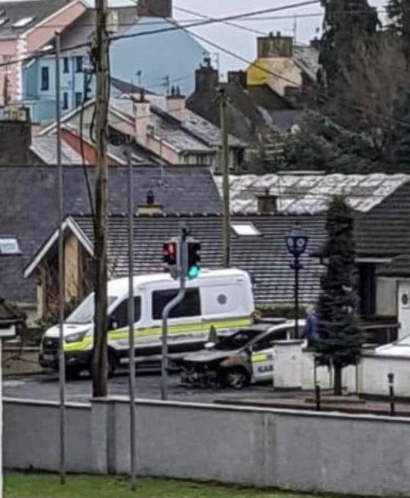 Burnt out patrol car outside Castlefin Garda station