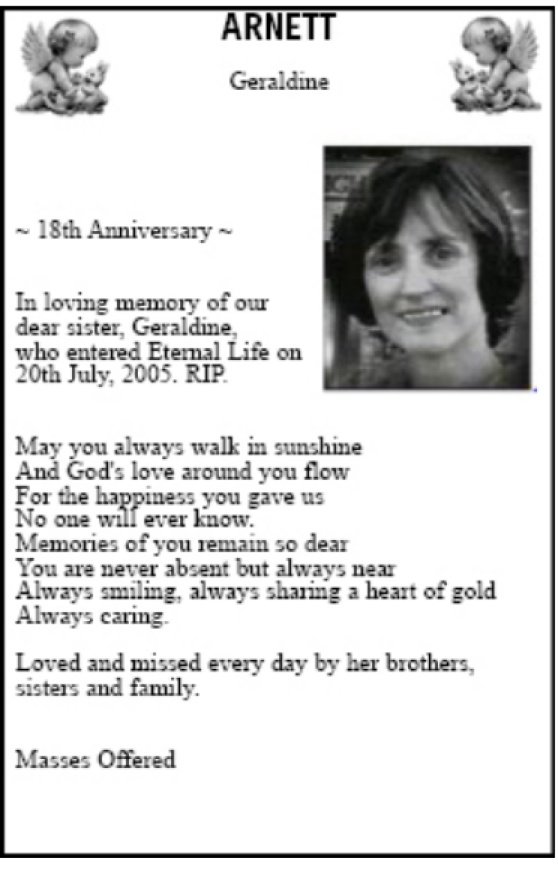 Memoriam - Geraldine Arnett - 18th Anniversary