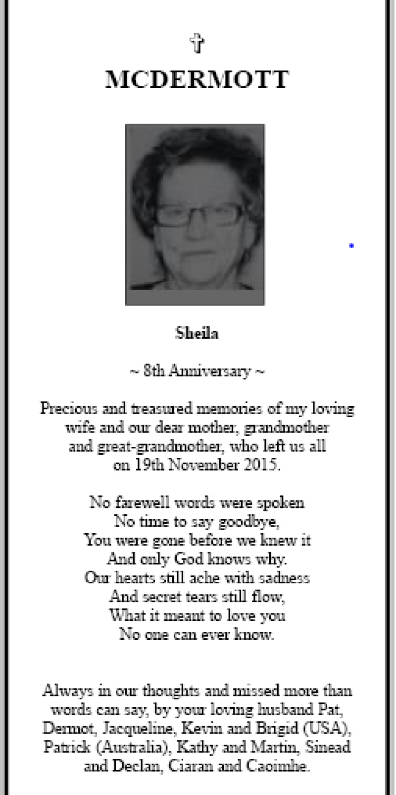 Memoriam - Sheila McDermott - 8th Anniversary