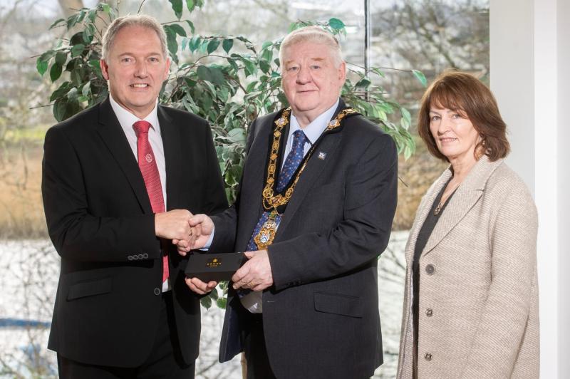 Mayor of Causeway Coast and Glens, Councillor Steven Callaghan with Lesley Irvine MBE and Thelma Irvine.