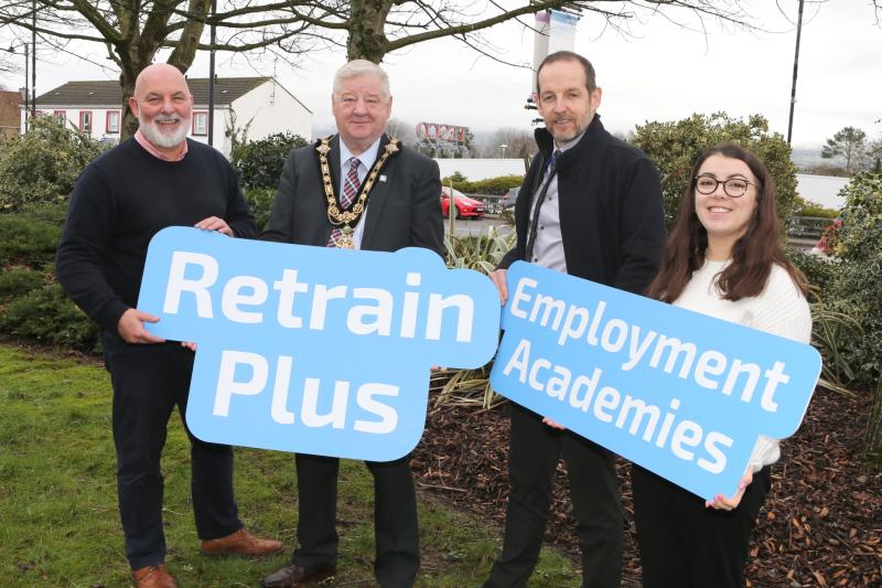 Mayor Steven Callaghan launches the Retrain Employment Academies programme with Marc McGerty, Luke McCloskey and Chloe Stewart from the Labour Market Partnership