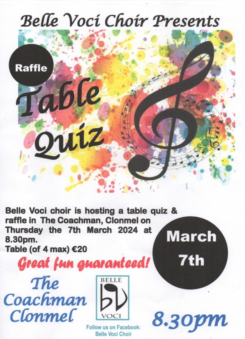 Table quiz on Thursday night in support of award winning Tipperary female choir